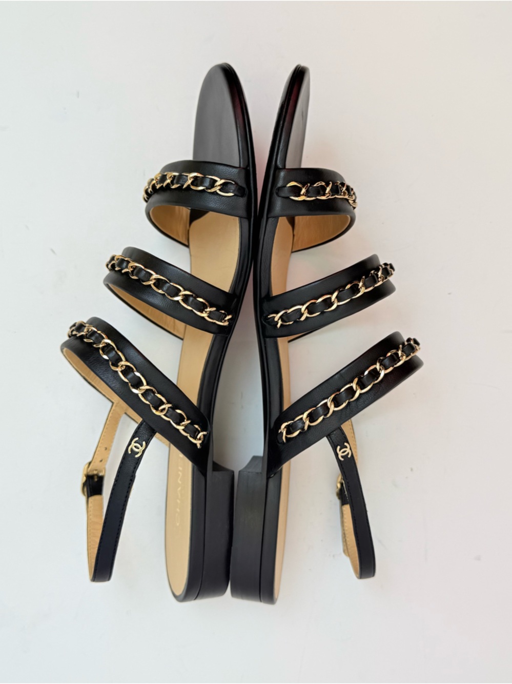 Chanel 22 Logo Chain Strap Lambskin Sandals Black Gold CC EU 40 US 10 - Picture 4 of 10